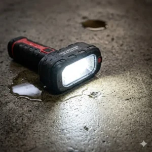 Testing the impact resistance of the best mechanics torch on a wet garage floor.