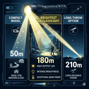 Technical infographic showing the maximum beam distance and throw performance of the brightest aa battery flashlight.