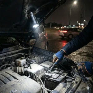 Close-up of the rechargeable best car flashlight plugged into a vehicle’s 12V dashboard outlet with a glowing charging indicator.