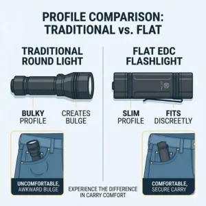 A side-by-side comparison between a bulky round light and a compact flat edc flashlight.