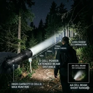 A diagram showing the long-range beam throw and distance of the best d battery flashlight.