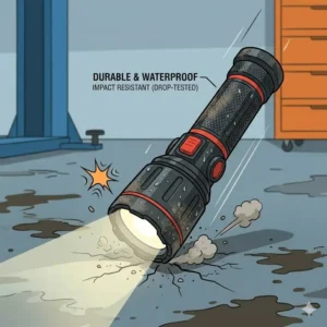 A rugged and durable best mechanic flashlight surviving an impact drop on a garage floor.