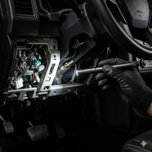 The best mechanics torch in a slim penlight design used for inspecting interior dashboard wiring.