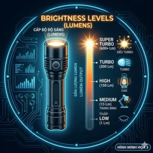 A lumen brightness scale demonstrating the different light output modes of the brightest aa battery flashlight.