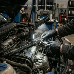 A slim mechanic flashlight being used to inspect tight spaces inside a vehicle.