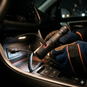 A compact best car flashlight lying neatly inside a car's open glovebox next to a road atlas.