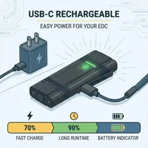 Digital drawing of a flat edc flashlight being recharged via a universal USB-C cable.