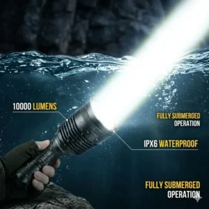 IPX6 waterproof rated 10000 lumens flashlight being used during heavy rain.