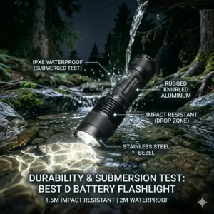 A durability test showing the best d battery flashlight being submerged in water.