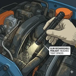 A slim and compact best mechanic flashlight reaching into a tight space behind a car engine.