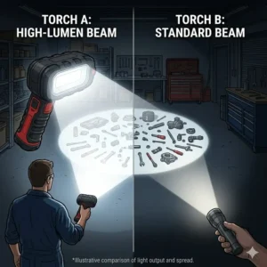 Comparison chart showing the superior brightness and lumen output of the best mechanics torch.
