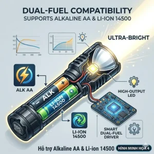 Internal diagram showing the dual-fuel battery compatibility of the brightest aa battery flashlight with 14500 Li-ion cells.