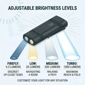 Infographic demonstrating the different brightness and lumen modes of a flat edc flashlight.
