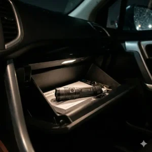 A tactical best car flashlight being used in a safety simulation to crack a side window with its specialized tip.