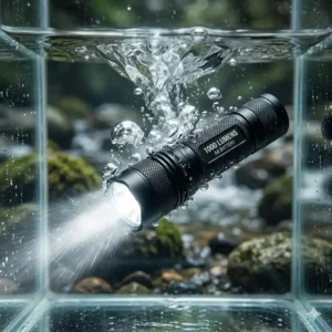 The brightest aa flashlight submerged in water to show its waterproof and durable construction.