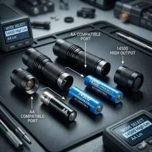 Illustration showing the brightest aa flashlight compatible with both standard AA and 14500 batteries