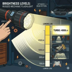 A graphic showing the different brightness and lumen levels of the best mechanic flashlight.
