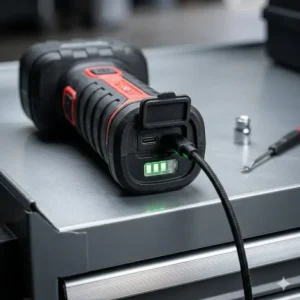 Close-up of the USB-C charging port and battery indicator on the best mechanics torch.