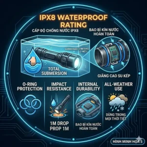 Illustration of the waterproof and impact-resistant features of the brightest aa battery flashlight for extreme durability.