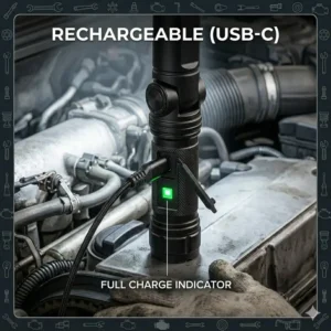 A rechargeable mechanic flashlight showing the USB charging port and battery life.