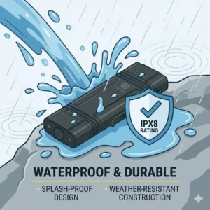 Illustration of a flat edc flashlight surviving water splashes to show its IPX8 rating.