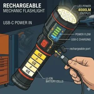 An illustration of the best mechanic flashlight being charged via a universal USB-C cable.