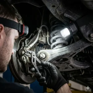 A mechanic wearing the best mechanics torch in headlamp format for underbody chassis repair.