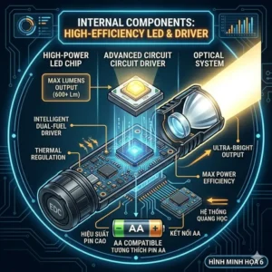 Close-up technical view of the high-efficiency LED chip and driver inside the brightest aa battery flashlight.