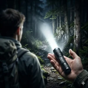 A hiker using the brightest aa flashlight to light up a forest path during a night trek.