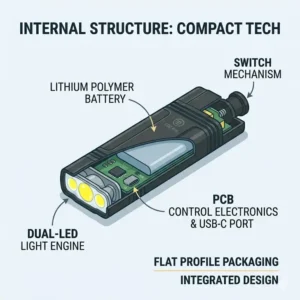 Cutaway technical view revealing the battery and LED structure inside a flat edc flashlight.
