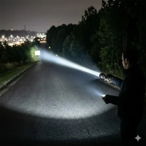 An adventurer holding the waterproof best car flashlight while setting up a roadside warning triangle in heavy rain.