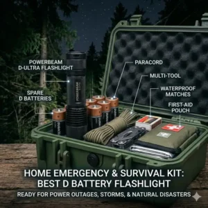 The best d battery flashlight stored inside a professional home emergency and survival kit.