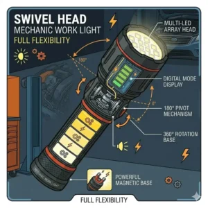 A versatile best mechanic flashlight with a 180-degree swivel head directed at a brake assembly.