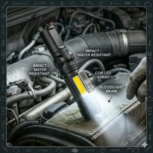 A COB LED mechanic flashlight providing a wide floodlight beam for workspaces.