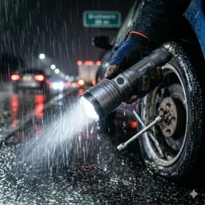 The heavy-duty best car flashlight resting on the driver’s seat next to a comprehensive vehicle emergency kit.