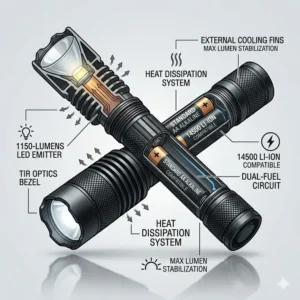 Internal cross-section of the brightest aa flashlight showing the advanced heat dissipation system.