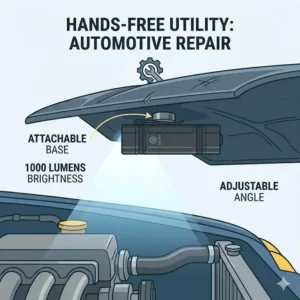 A flat edc flashlight using its magnetic base to stick to a car hood for hands-free repair.