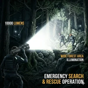 Search and rescue team using a 10000 lumens flashlight to illuminate a wide forest area.