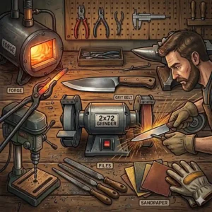 A bladesmith using a 2x72 belt grinder, one of the most critical power tools for knife making, to bevel and shape a steel knife blade with sparks flying.