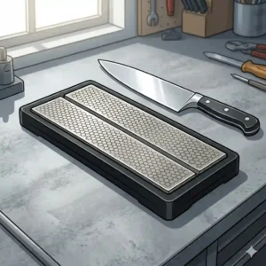 A dual-sided bench stone plate representing professional diamond sharpeners for knives sitting on a workbench.