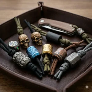 A detailed illustration showing a paracord loop passing through decorative knife lanyard beads to create a pull tab.