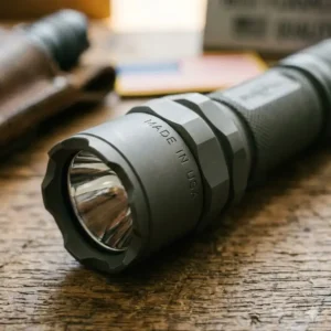 Close-up of the rugged aerospace-grade aluminum casing on the best flashlight made in usa for extreme durability.
