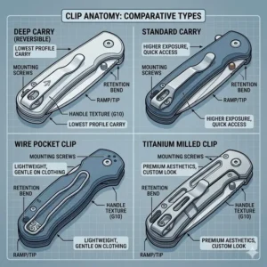 An illustrated comparison showing four different styles of a knife pocket clip, including standard, deep-carry, and wire designs.