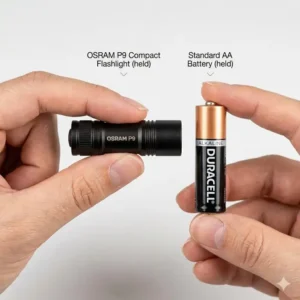 The smallest most powerful flashlight held between two fingers to demonstrate its ultra-compact EDC design.