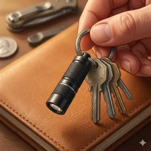 Close-up of the smallest flashlight attached to a set of house keys.