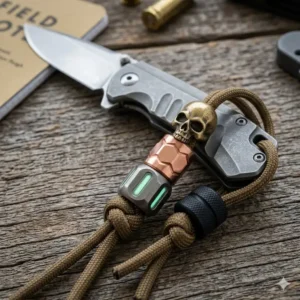 Custom titanium lanyard beads with a stonewashed finish used for everyday carry gear.