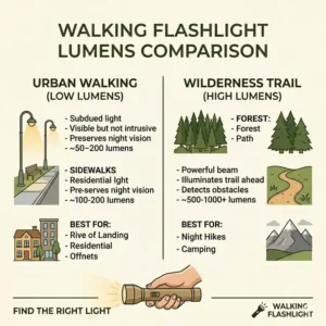 A chart comparing different brightness levels of a walking flashlight for urban versus wilderness use.