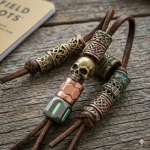 Decorative brass and copper lanyard beads showing natural patina on a brown leather cord.