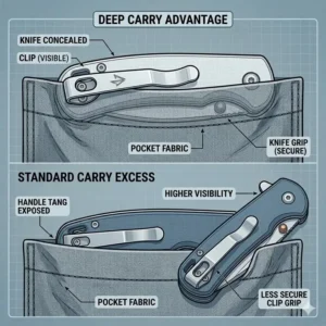 An illustration demonstrating the advantage of a deep-carry knife pocket clip by showing how it conceals the knife inside a pocket.