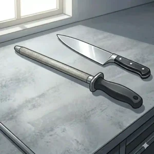 An ergonomic steel honing rod variant of diamond sharpeners for knives laid flat on a counter.